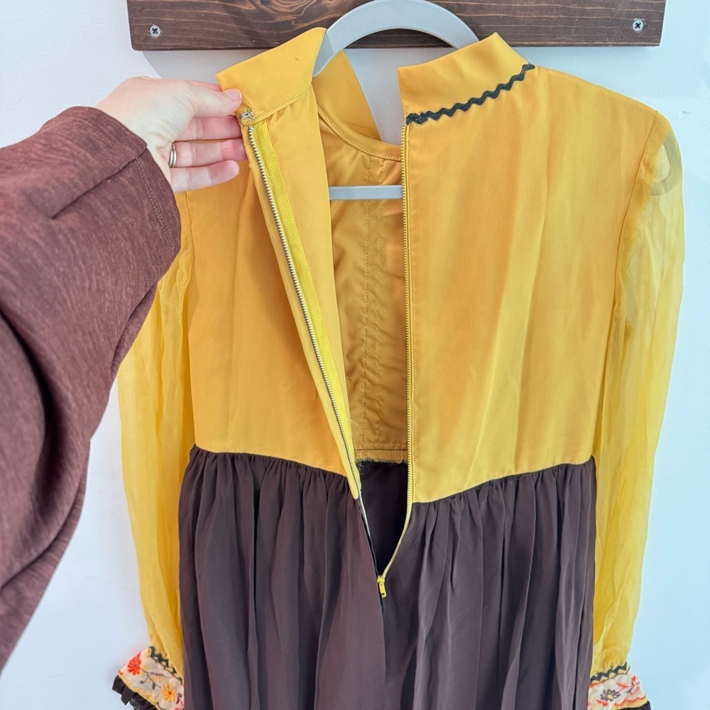 Vintage Late 1960s Early 1970s Embroidered Bohemian Prairie Dress‎ Brown Mustard - Picture 7 of 9